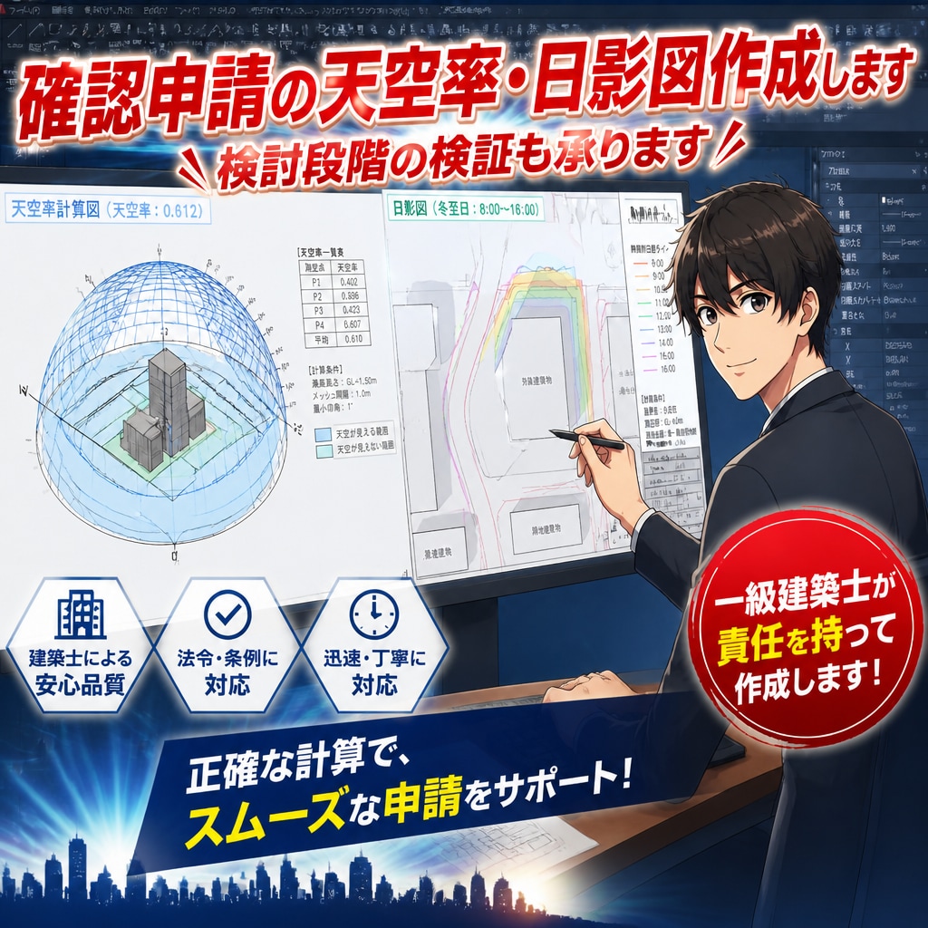天空率・日影を検討から図面作成までします 検討段階からOK。申請用の算定図作成します イメージ1