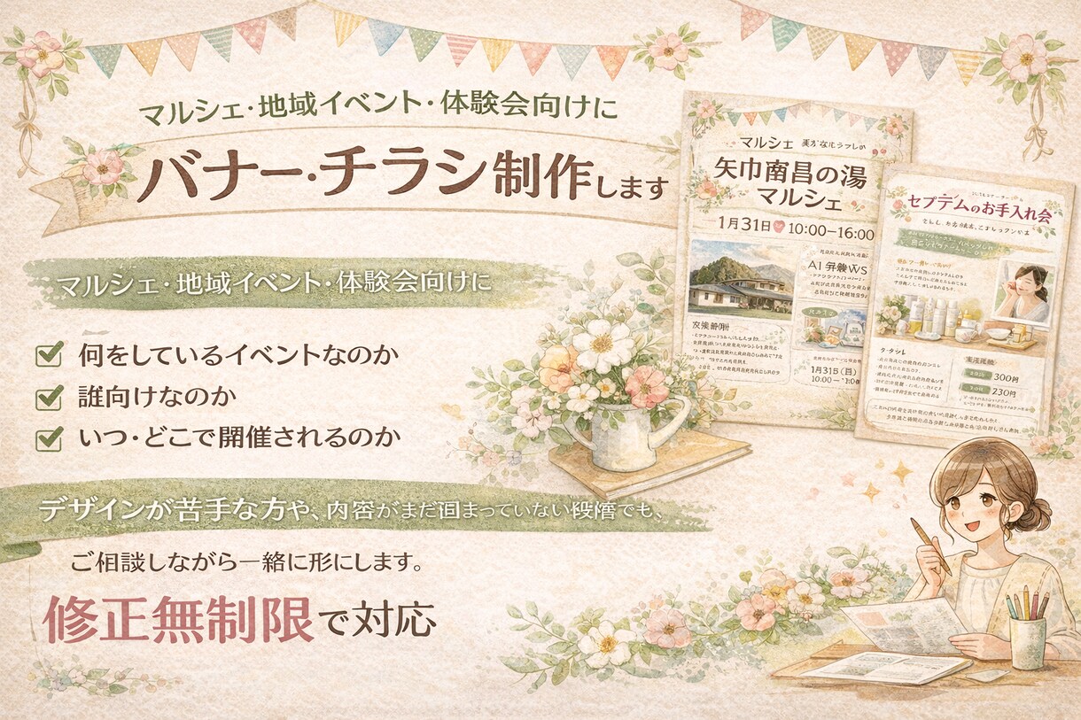 マルシェ・イベント向け|伝わるフライヤー作成します 想いと雰囲気を大切に、 やさしく伝わるフライヤーを制作します イメージ1