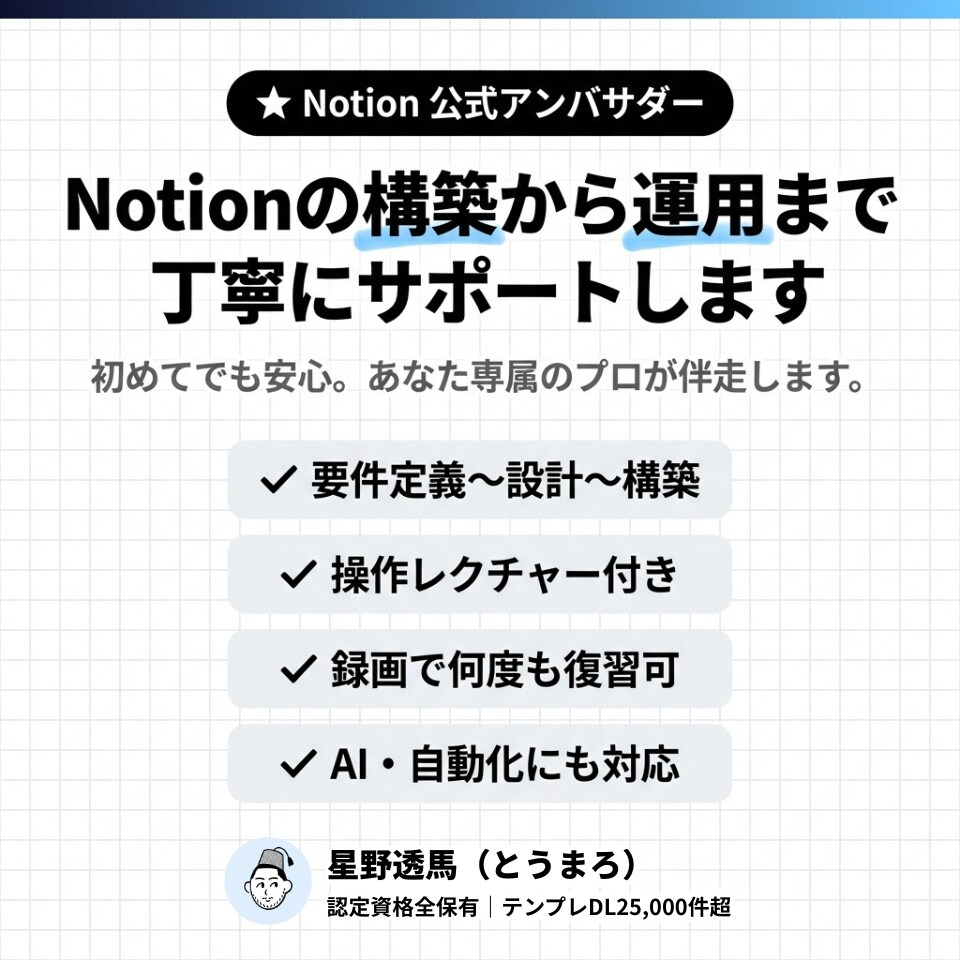 Notionの構築から運用まで丁寧にサポートします 初めてでも安心！｜公式アンバサダーが専属で伴走いたします イメージ1