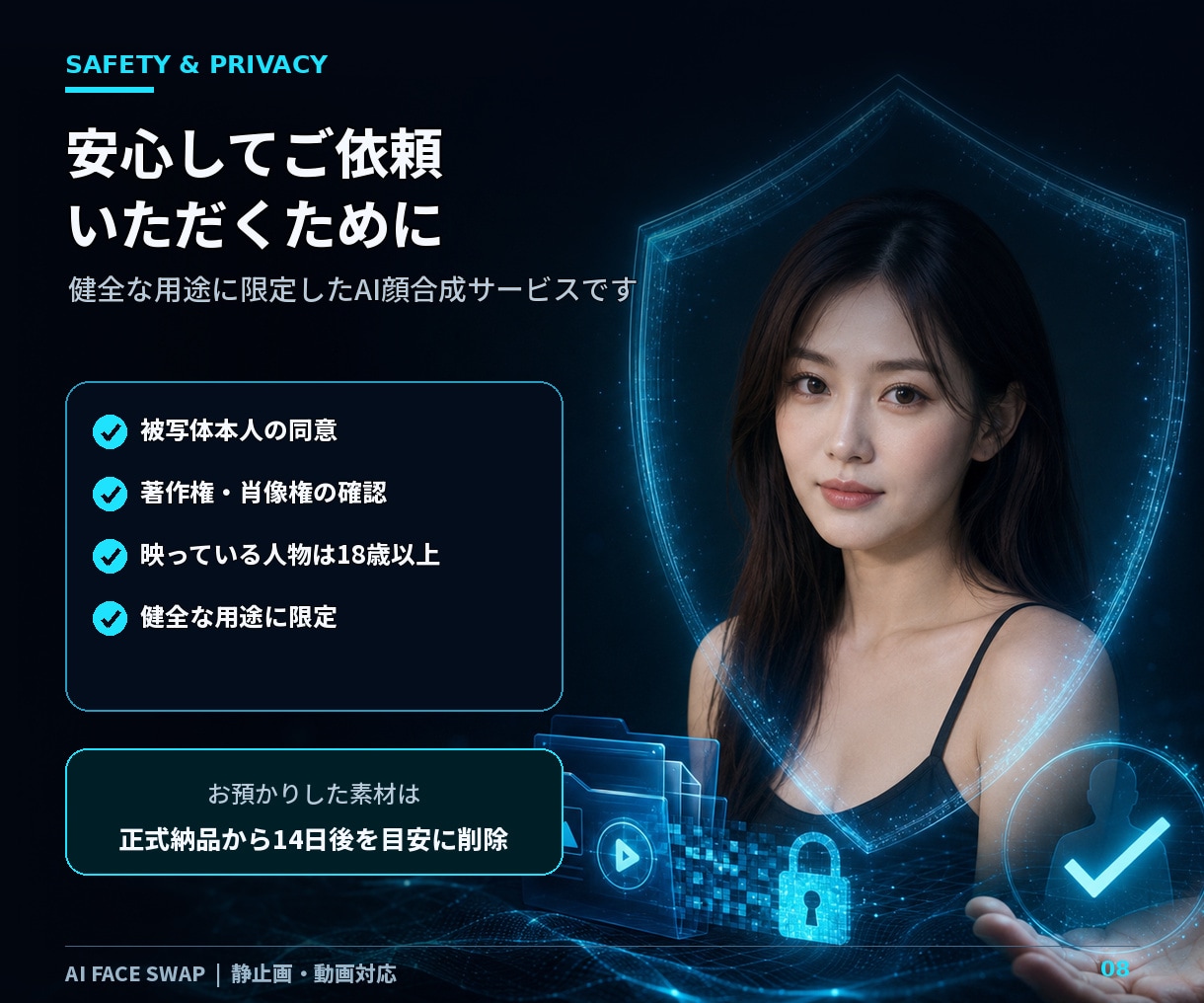 AIで動画の顔を自然な別人へ変更します 髪型・服装・背景を活かし、動画内の顔をAIで自然に合成します イメージ8