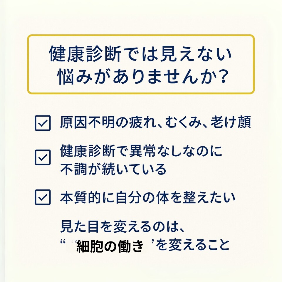 40代の不調、何をしても変わらない理由を整理します 食事・睡眠・血液検査から「あなたの場合」を絞ります。 イメージ6