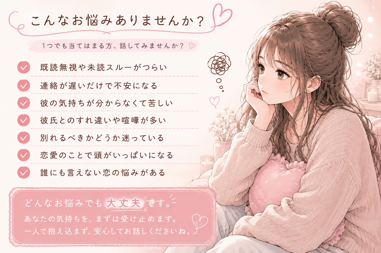 既読無視・連絡不安・相手の気持ち、一緒に整理します 優しく寄り添いながら気持ちを整理します イメージ2