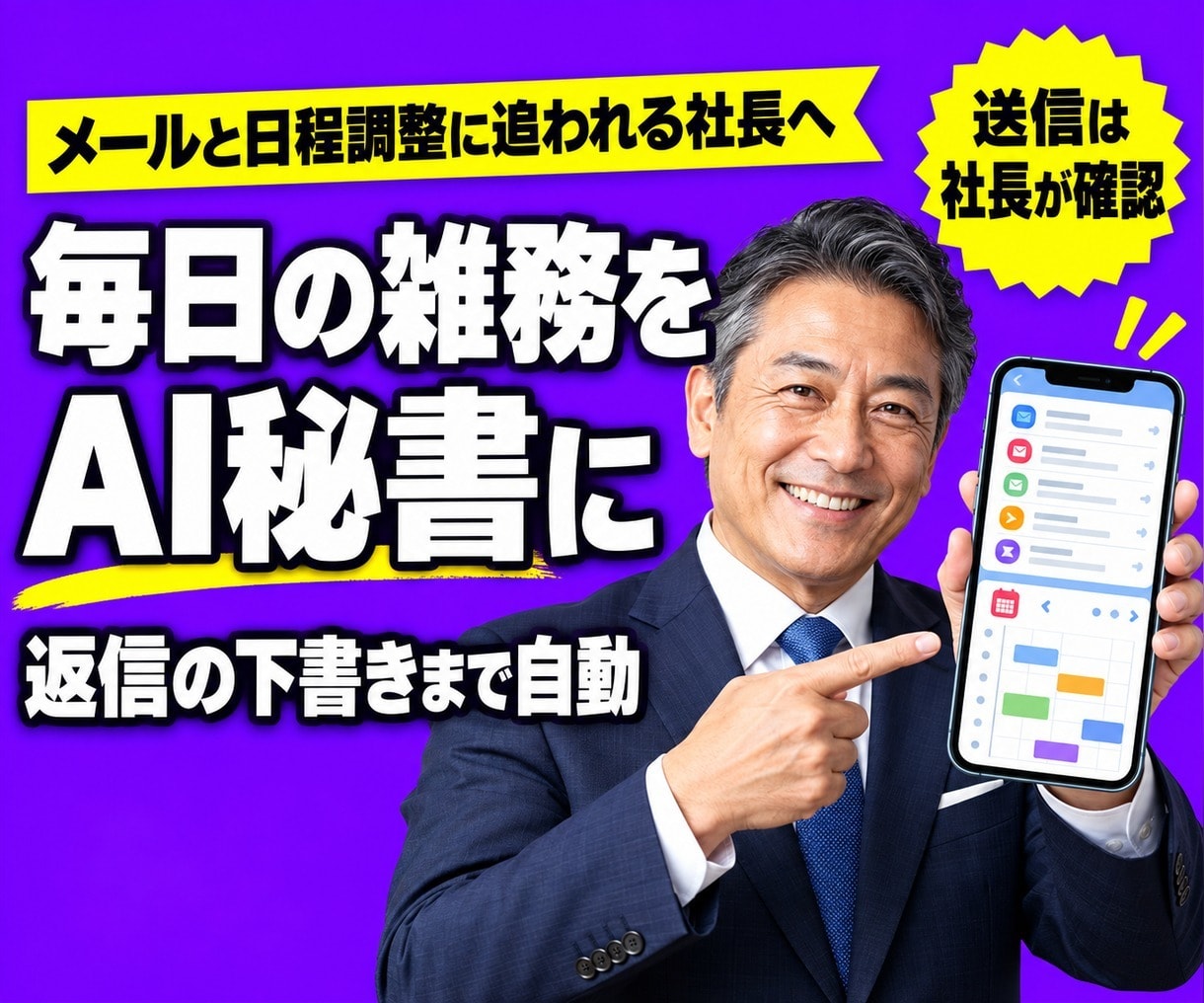 社長専用AI秘書でメールと予定を整えます 仕分けと下書きはAI、送るかどうかは社長が決めます イメージ1