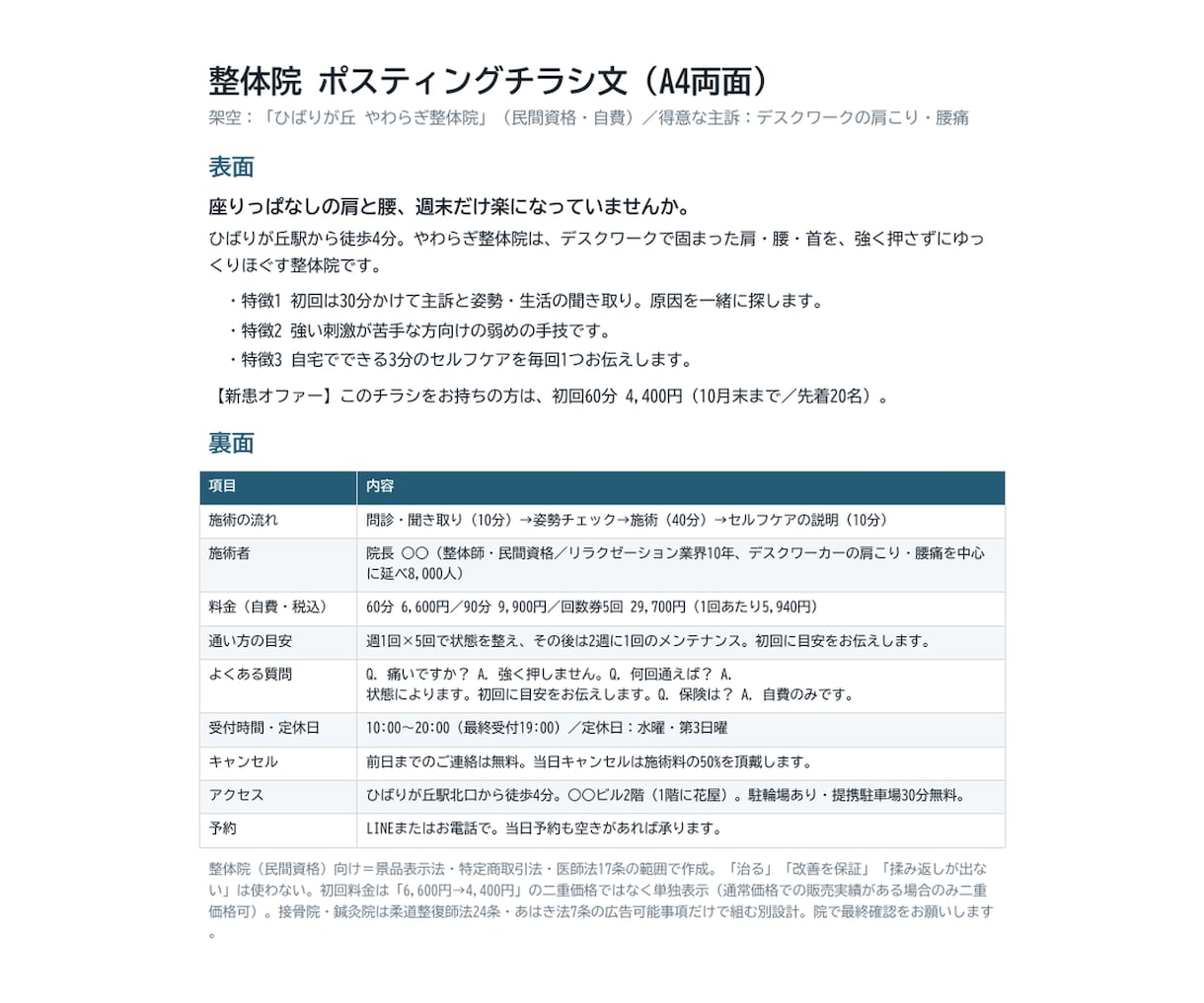 整体院のポスティングチラシ文を作ります 主訴で呼びかけ、新患を初回へ。景表法・柔整法の広告制限に配慮 イメージ2