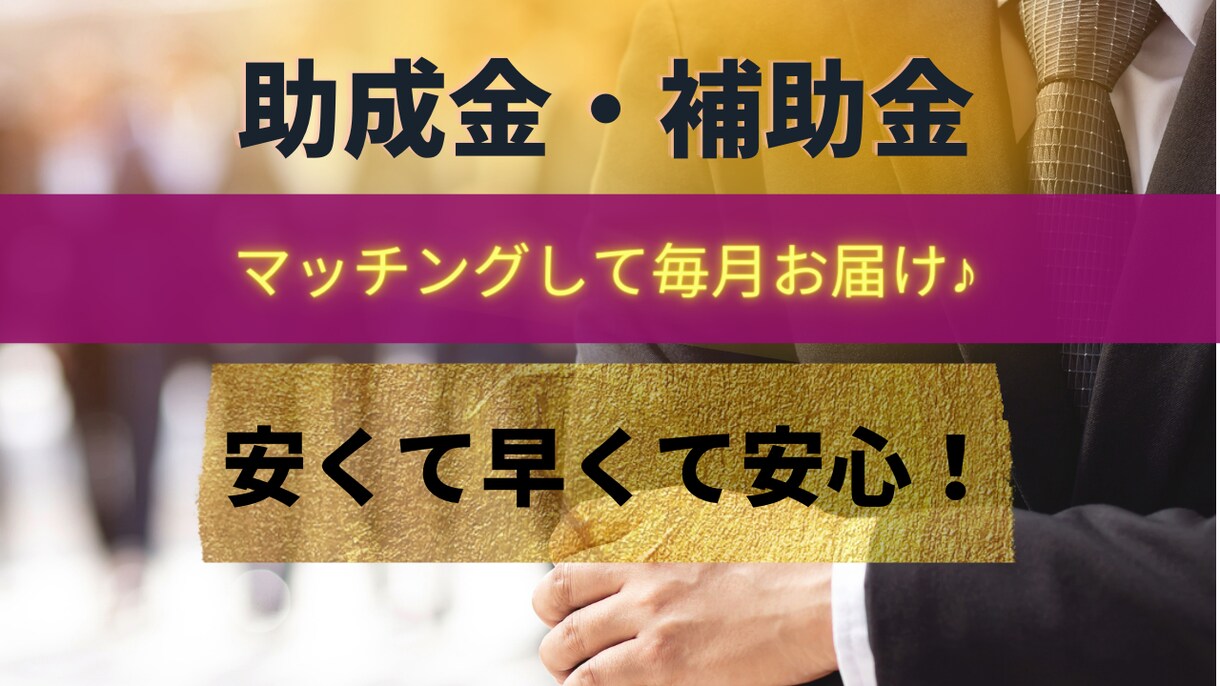 あなたにマッチした助成金補助金情報を定期提供します 膨大な情報の中から、貴社に相性の良い案件激選し納品します。 イメージ1