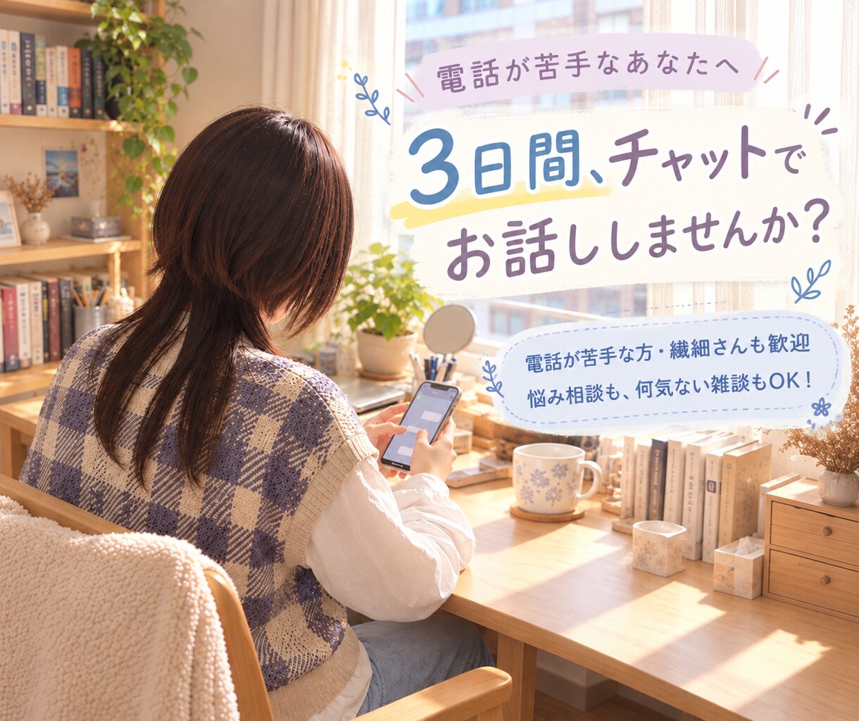 電話が苦手な繊細さんへ。3日間チャットで話せます HSP気質、人間関係、自分らしさ、文章で自分のペースでどうぞ イメージ1