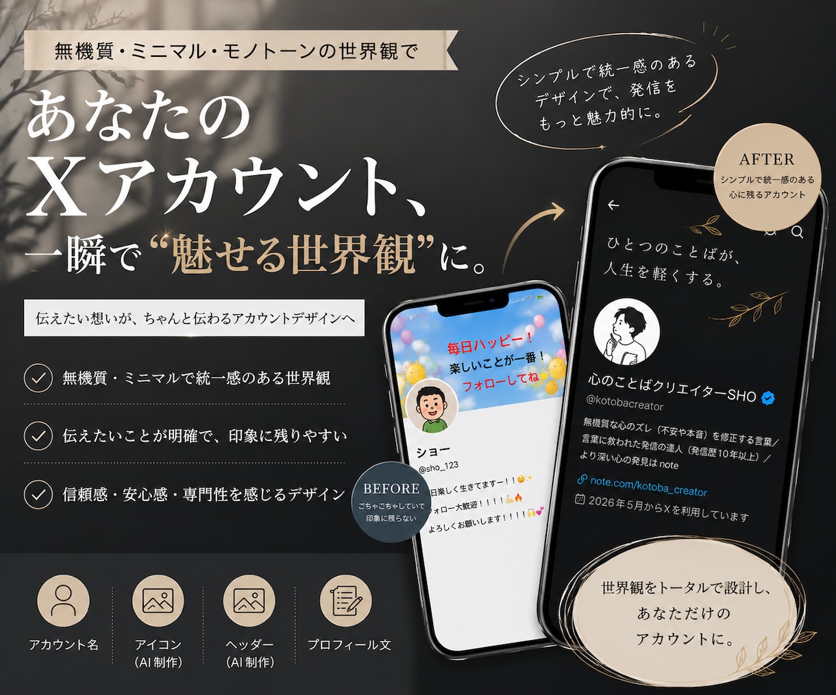 無機質ミニマルな世界観にXをイメチェンさせます 名前・アイコン・ヘッダー・プロフィールを丸ごと変更 イメージ1