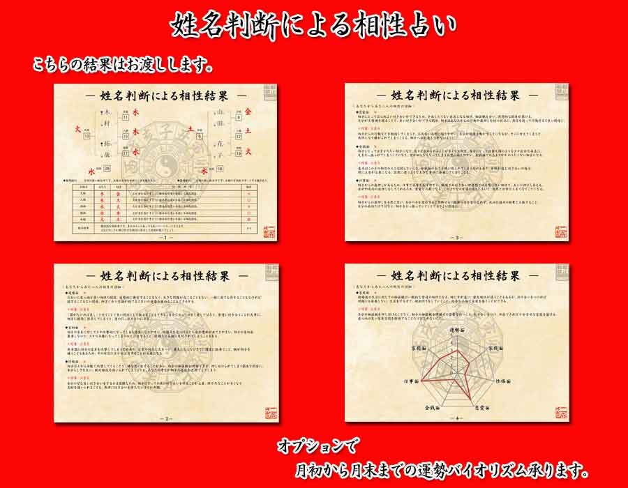 恋人、結婚相手、気になる人との姓名で相性診断します 診断結果はＡ４サイズ　４枚にて詳しくお伝えさせて頂きます。 イメージ2