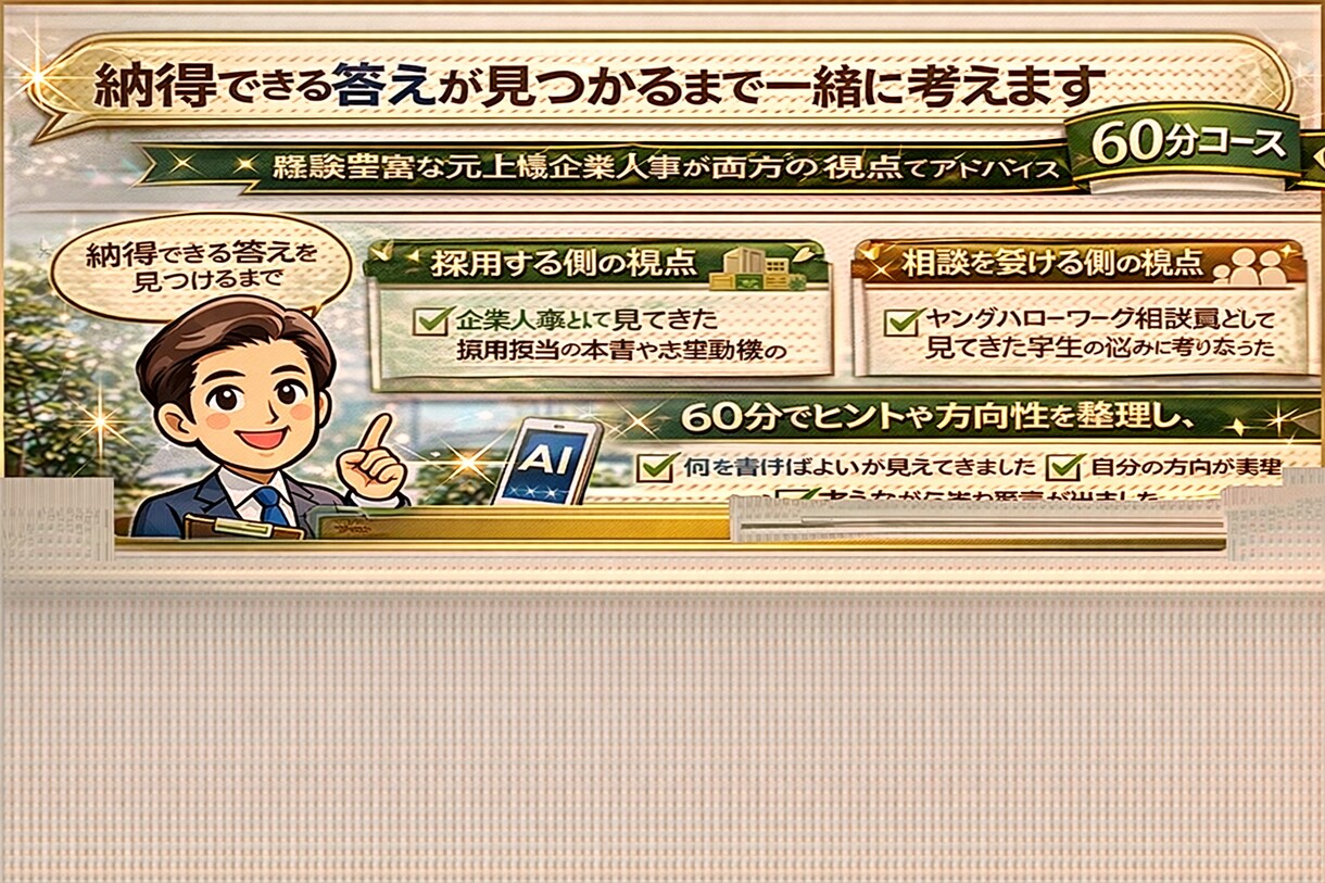 元上場企業人事が就活の悩みを丁寧に整理します 志望動機・面接不安・自分の方向を、落ち着いて整理したい方へ。 イメージ4