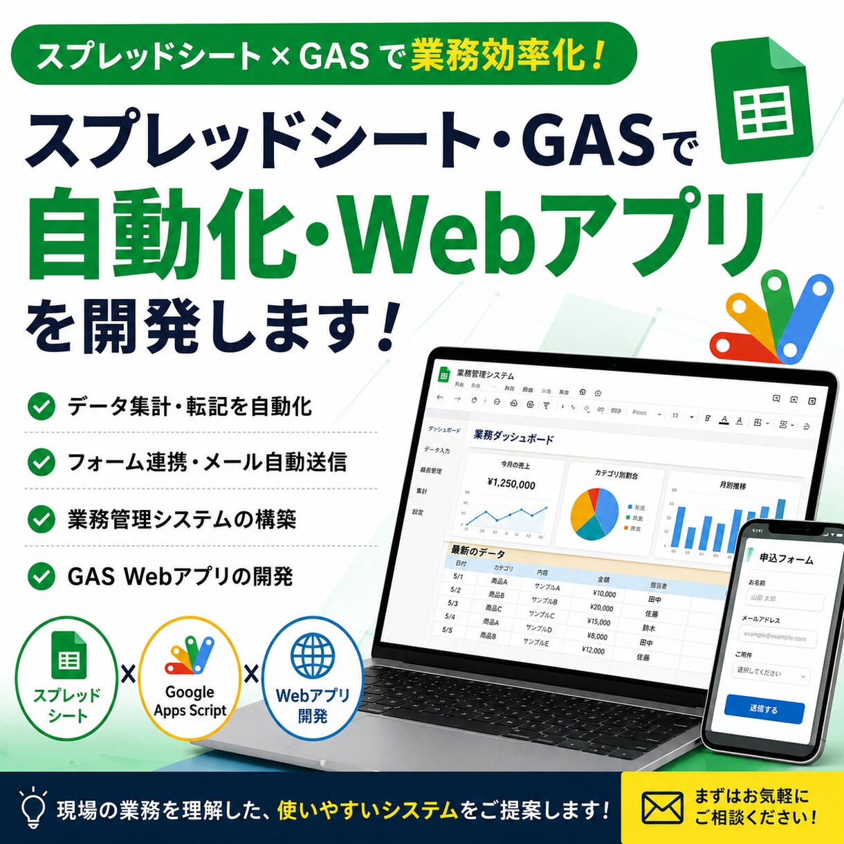 スプレッドシートやGASで業務自動化します 現場目線で使いやすいシステムをご提案します。 イメージ1