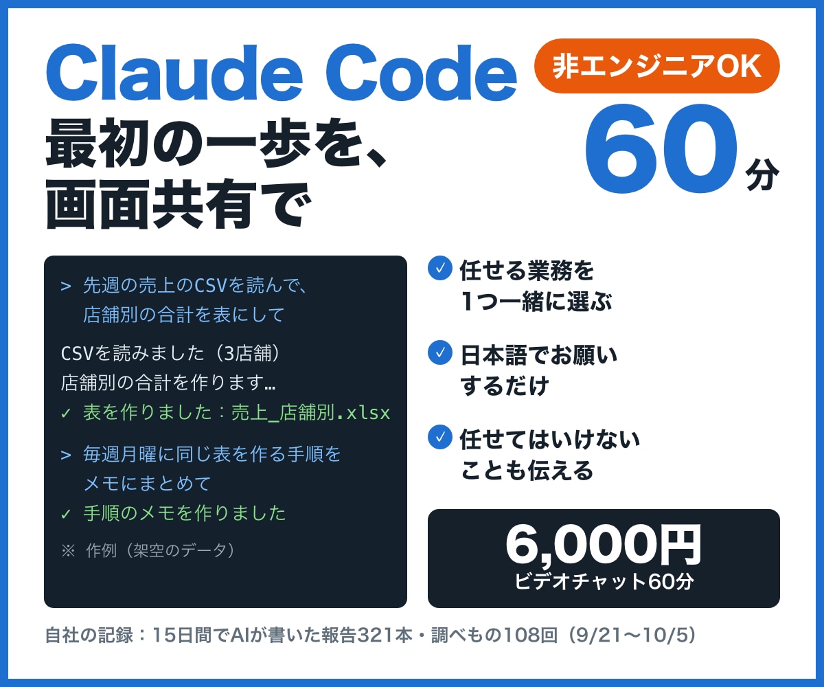 非エンジニアOK！Claude Codeを教えます 研修づくり20年以上のメンバーが、画面共有で一緒に進めます イメージ1
