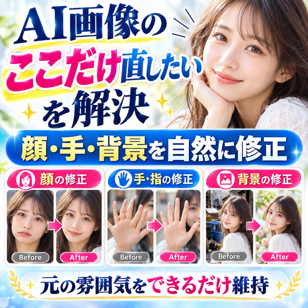 AI生成画像の顔・手・背景を自然に修正します 「ここだけ直したい」を、元の雰囲気を残して整えます イメージ1