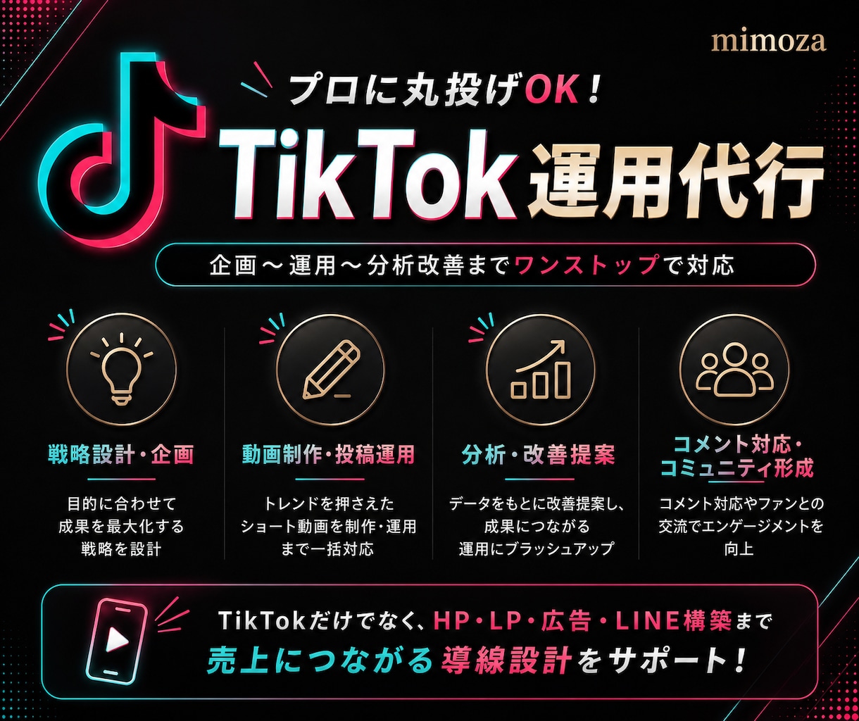 TikTok運用丸投げ！企画〜分析まで対応します LP・LINE・広告まで連携し、売上につながる導線を構築 イメージ1