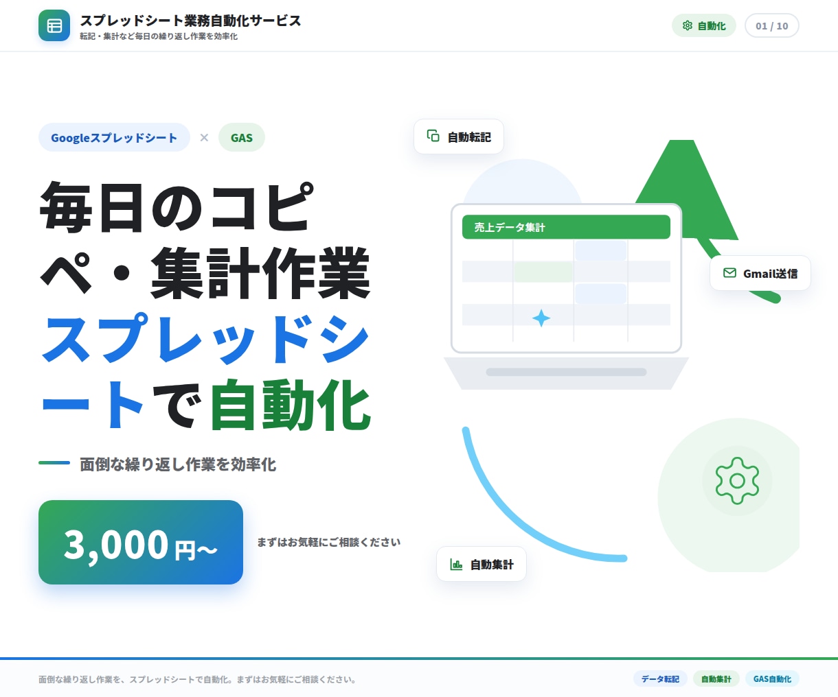 スプレッドシートの作業を自動化します 転記・集計など毎日の繰り返し作業を効率化 イメージ1