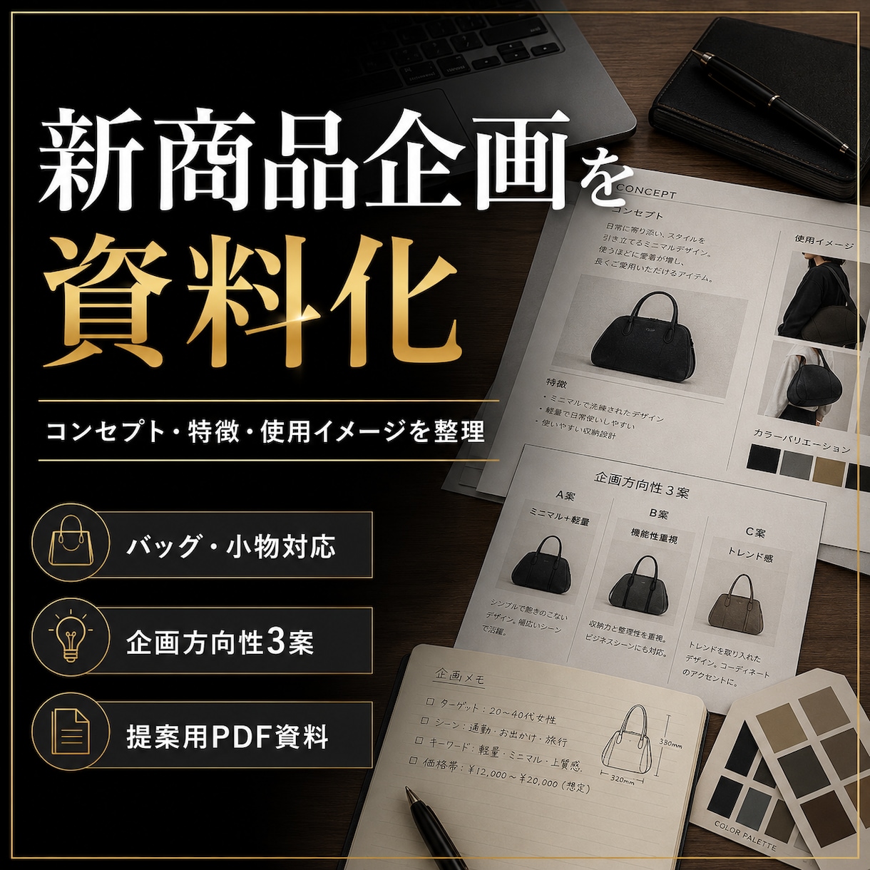 バッグ・小物の商品企画資料を作ります コンセプト・特徴・使用イメージを提案用に整理します イメージ1