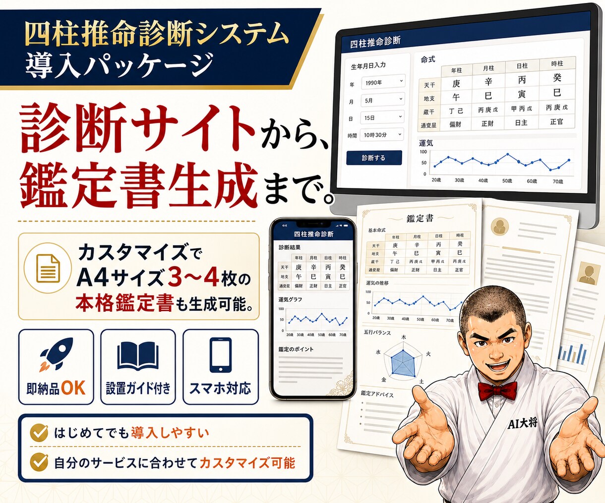 四柱推命診断システム導入パッケージ納品します 性格診断からA4鑑定書作成（有料カスタマイズ）まで対応可能 イメージ1