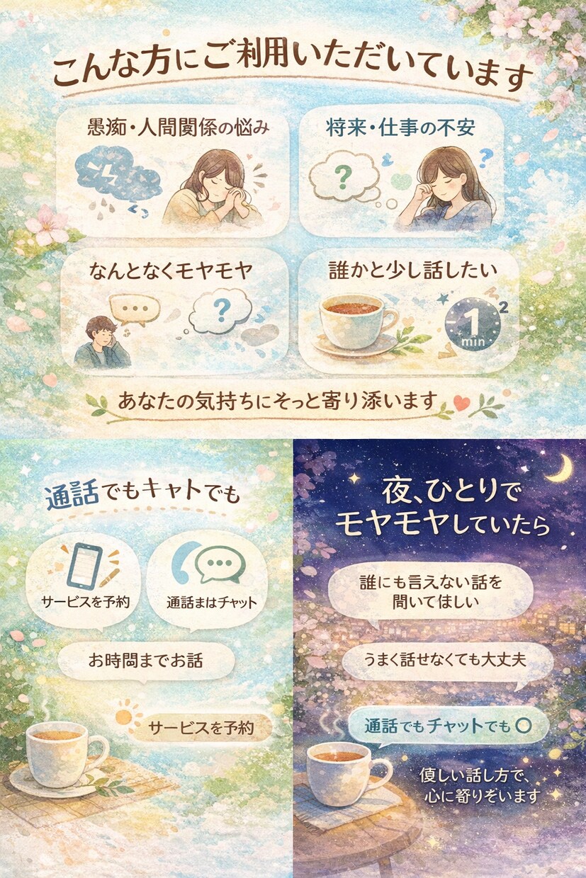 どんな話でも大丈夫。あなたの気持ち受け止めます 愚痴、たわいもない話、悩み、全てお聞きします。 イメージ2