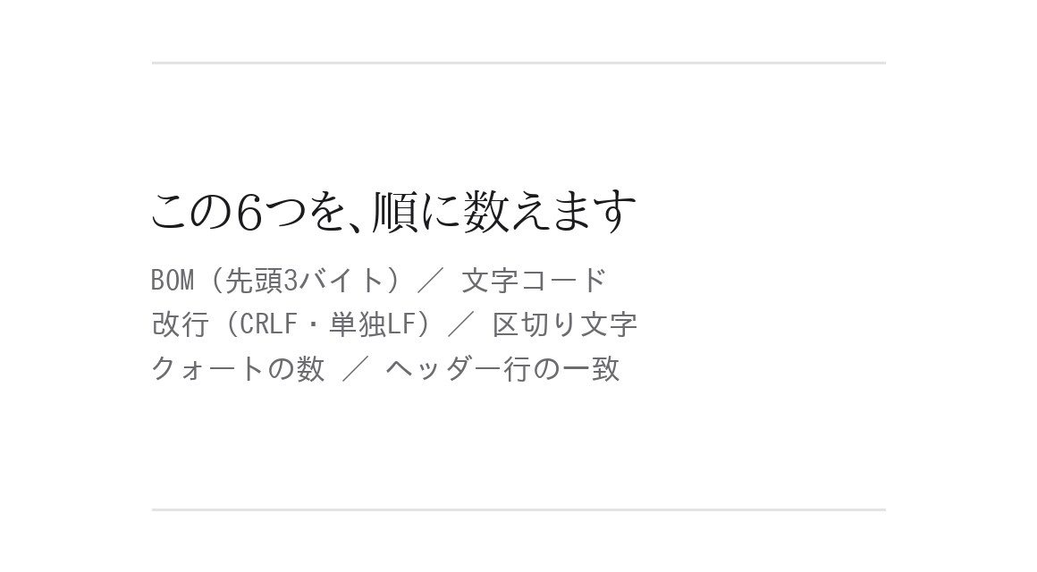 CSVが取り込めない原因を特定します 文字コード・BOM・改行を1つずつ潰して原因を確定します イメージ2