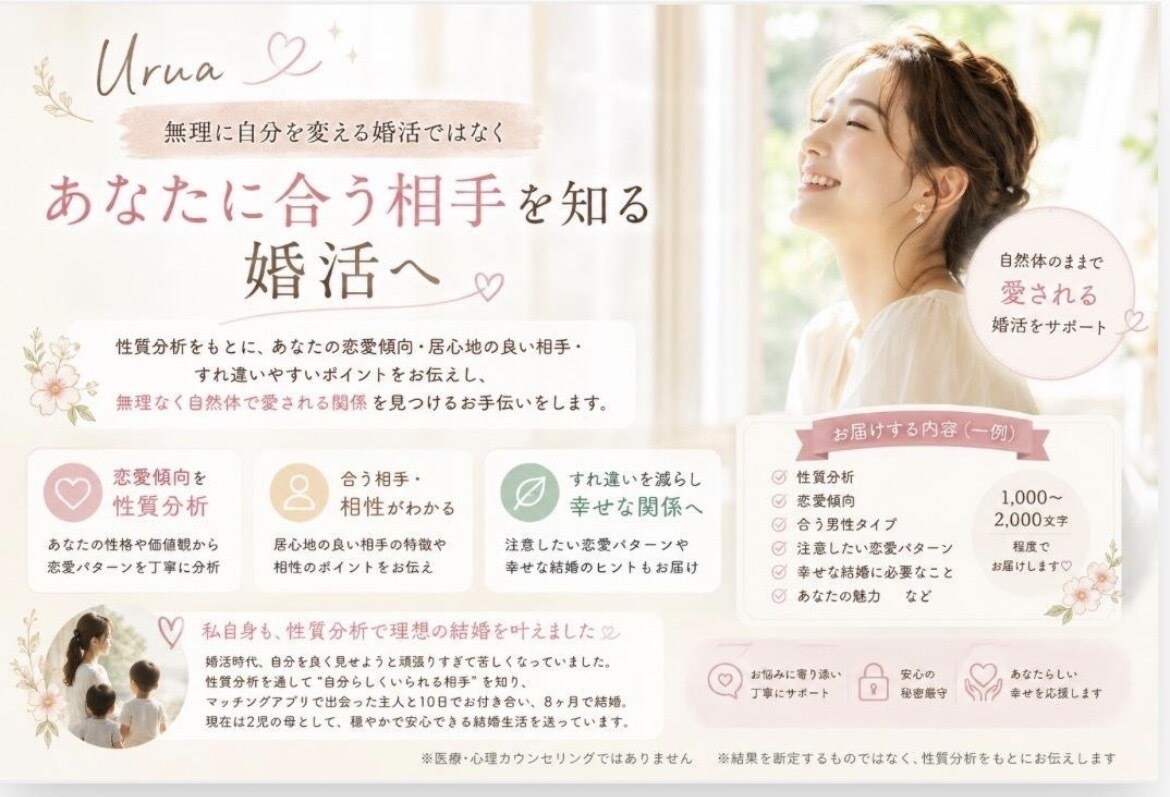 あなたと理想相手のキャラ分析で婚活をサポートします 自分を変える婚活ではなく、自分に合う相手を知る婚活へ イメージ2