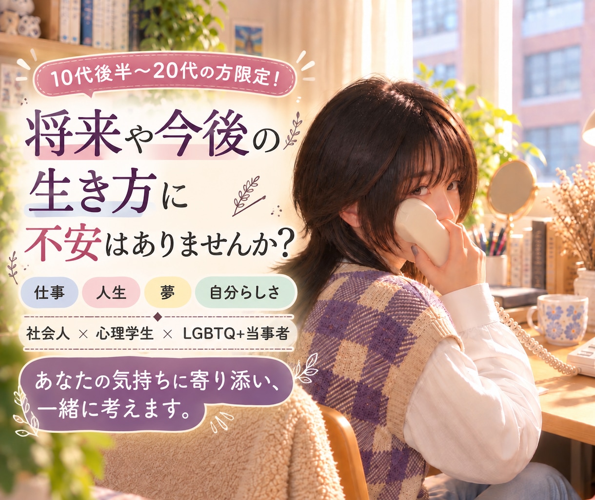 10代後半〜20代の方の今と将来の不安を聴きます 20代・LGBT当事者が今の不安、将来の不安に寄り添います イメージ1