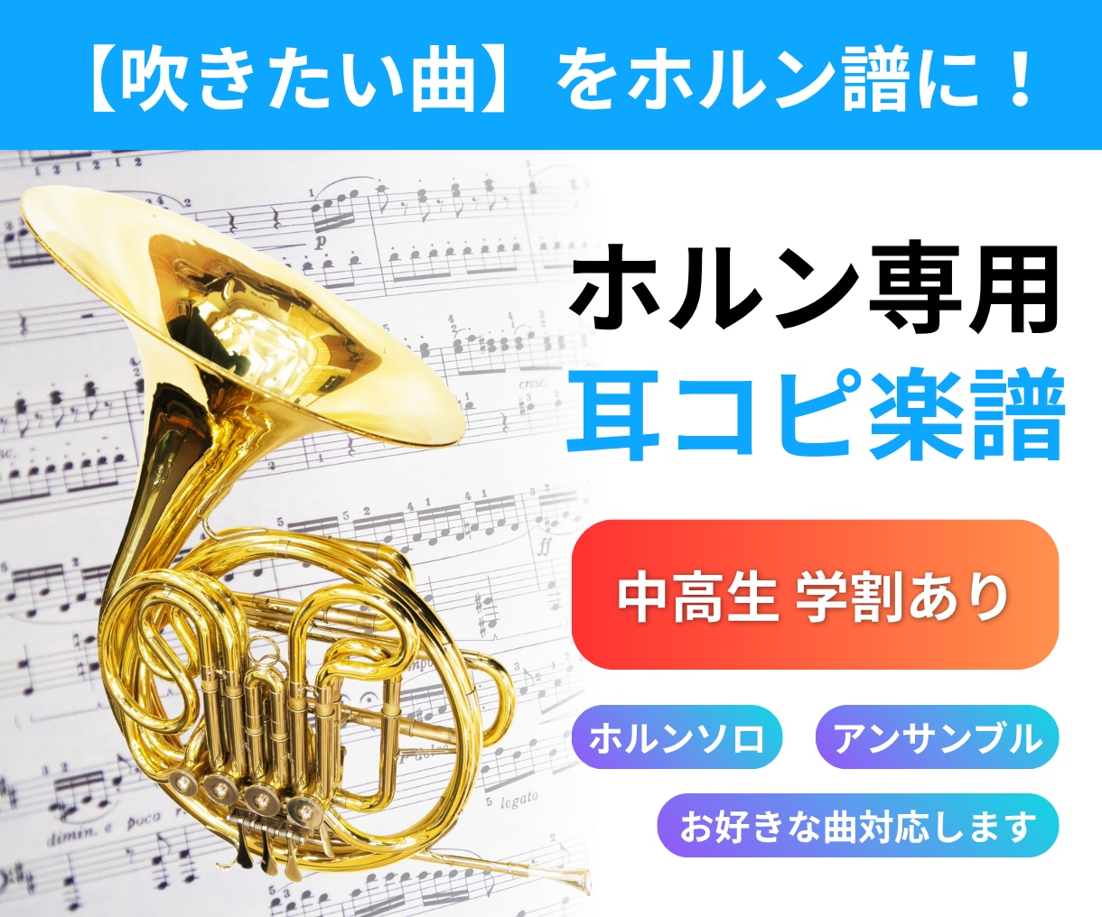 ホルンの耳コピ楽譜作ります/学割あります 吹きたい曲のホルン楽譜がない方に、低価格で楽譜を作成します！ イメージ1