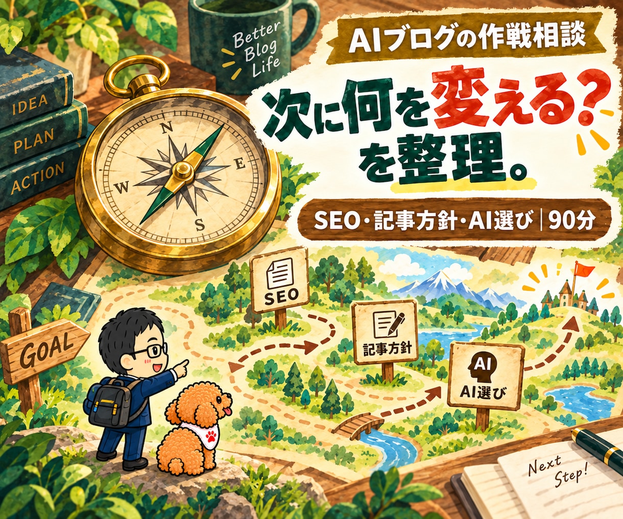 AIブログの集客と運営戦略を個別相談します SEO・記事方針・AI選びを整理｜90分の作戦相談 イメージ1