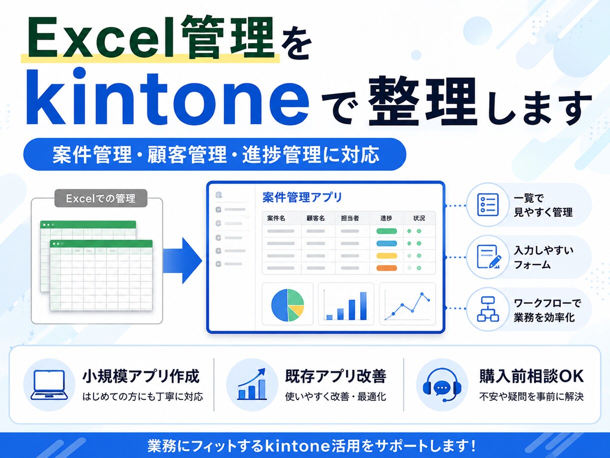 Excel管理をkintoneアプリ化・改善します 案件・顧客・進捗管理をkintoneで整理します イメージ1