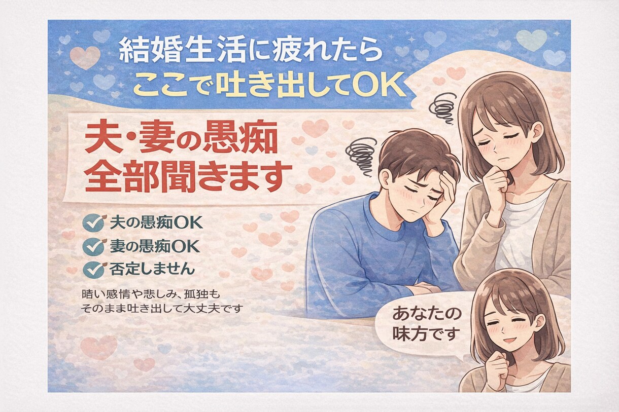 結婚生活に疲れた方の味方です！夫婦の愚痴聞きます 夫婦のストレス吐き出せます！！！ イメージ1