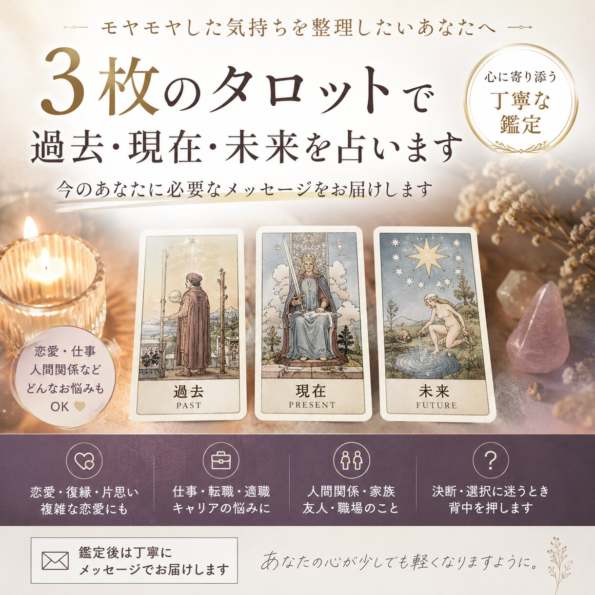 あなたのどうしたらいい？を3枚タロットで鑑定します あなたが思うより深い。「現在・過去・未来」の3枚のカード。 イメージ1