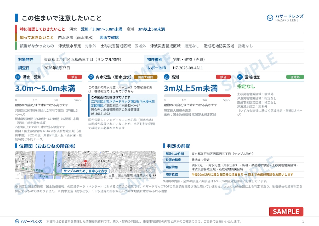 ハザードマップ調査｜わが家の災害リスクを調べます 住所だけでOK。浸水・土砂・避難場所を調べてPDFでお届け イメージ2