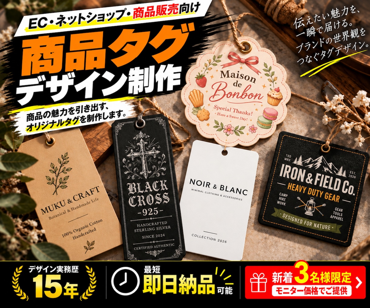 商品タグ・下げ札・値札をプロがデザインします アパレル・雑貨・ハンドメイド、ブランドの魅力を伝えるデザイン イメージ1