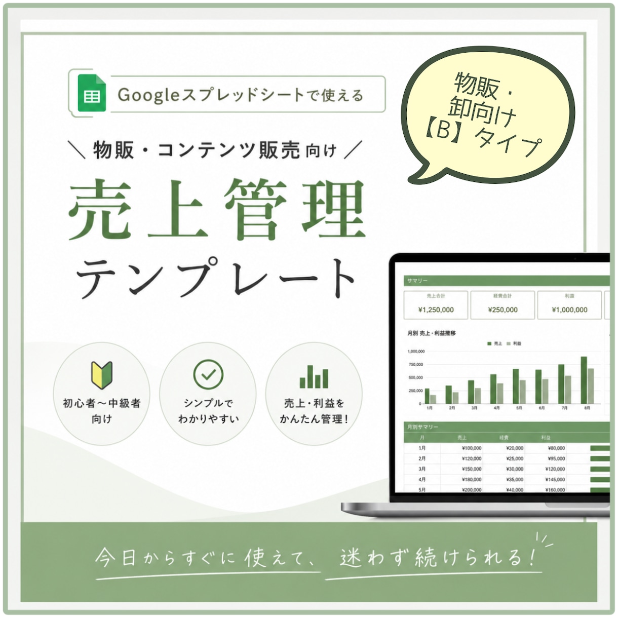 物販（卸仕入向け）の在庫・売上管理表作成します 少品目用の便利機能搭載！縦積み型物販をしている方必見です！ イメージ1