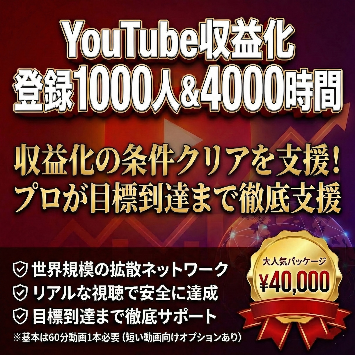 収益化へ！登録1000人+再生4000h宣伝します YouTubeチャンネル収益化｜チャンネル登録者＋再生時間 イメージ1