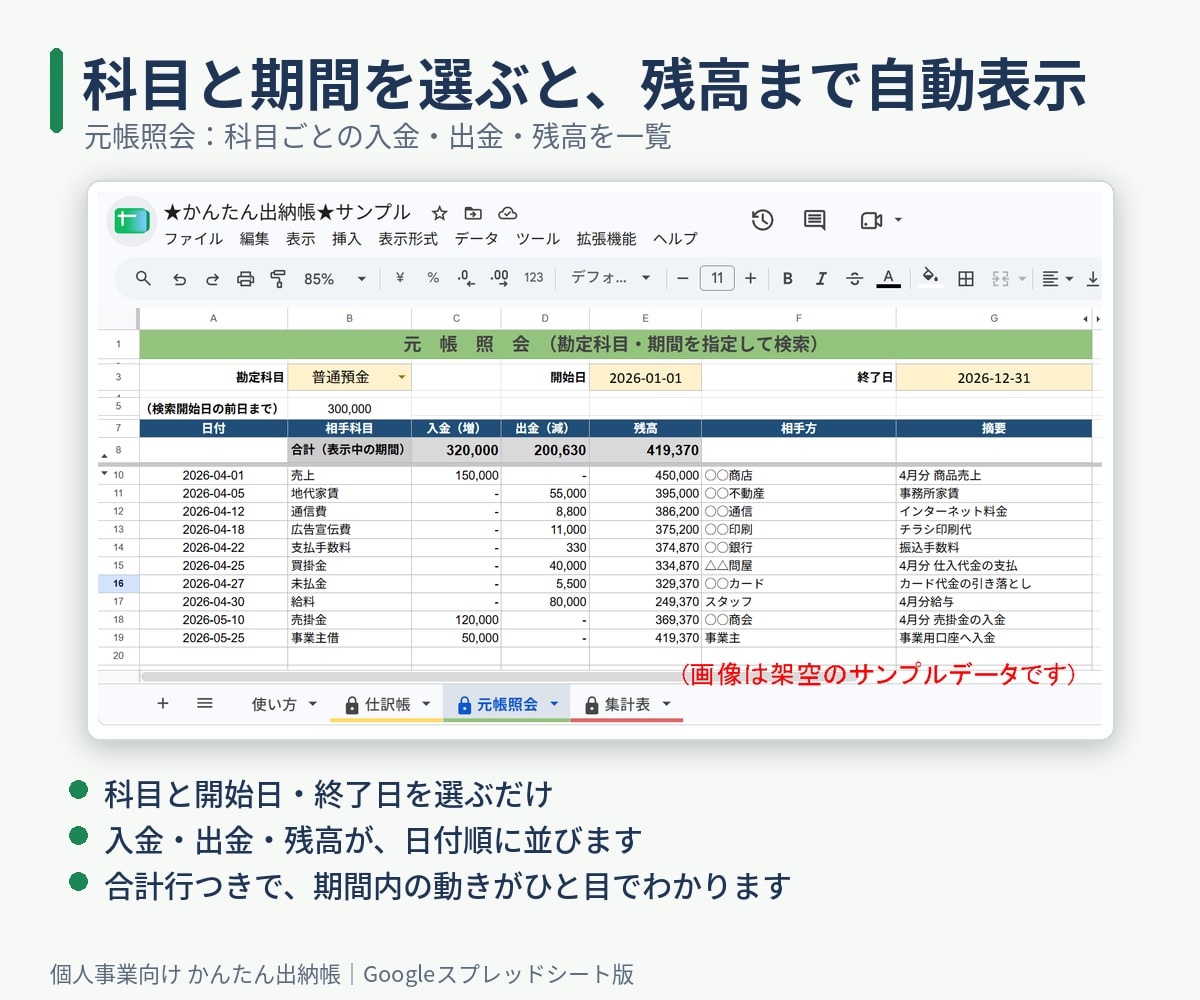 個人事業向け出納帳スプレッドシートを提供します Excel不要。1行入力で元帳と集計表が自動で完成！ イメージ3