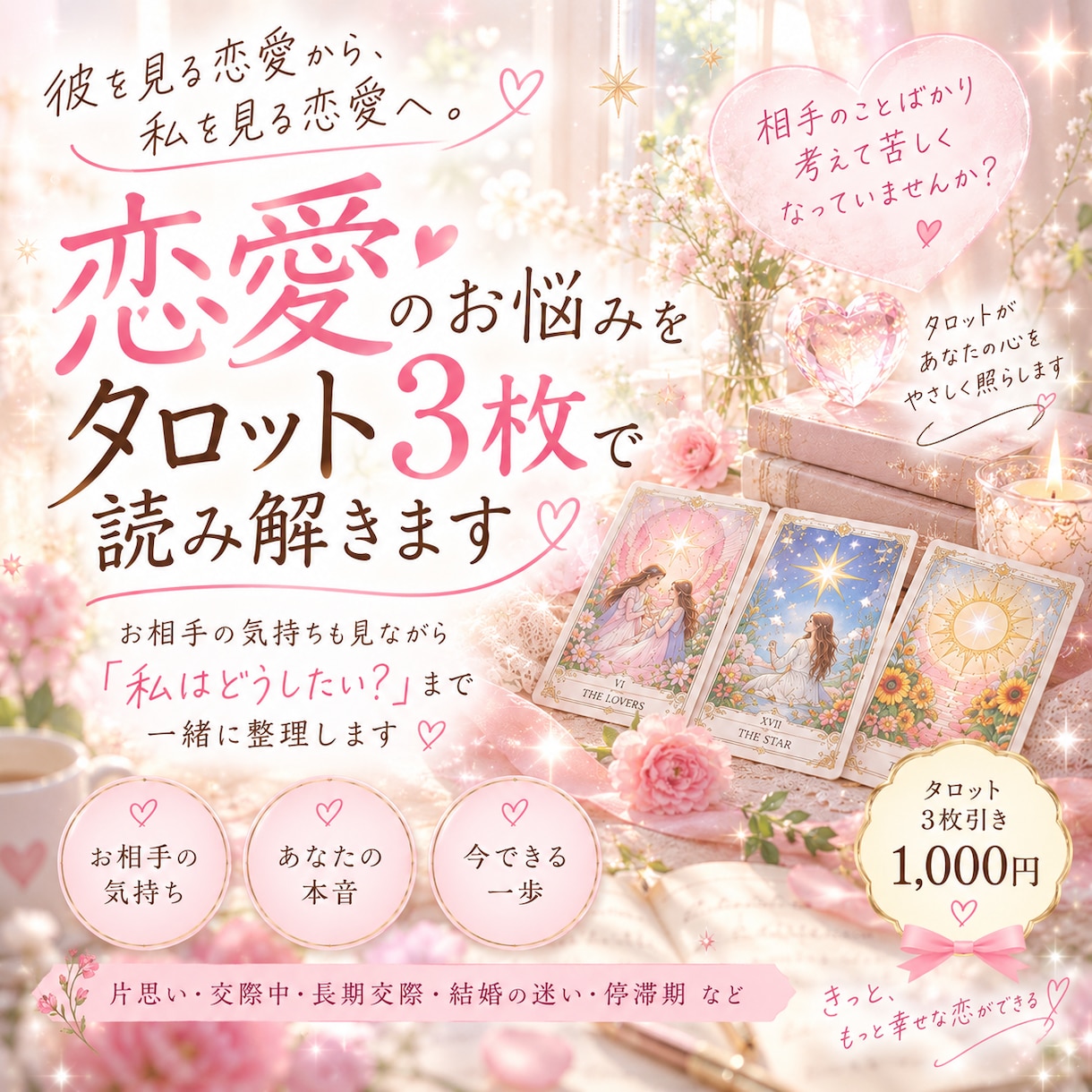恋愛のお悩みをタロット3枚で読み解きます お相手の気持ちも見て「私はどうしたい？」まで一緒に整理します イメージ1