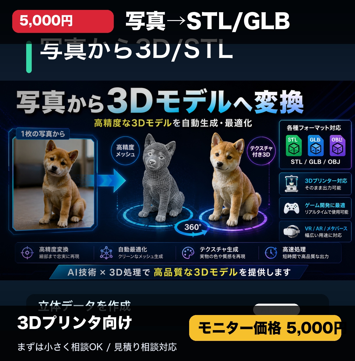 写真から3Dプリント用データを作成します 写真・ロゴをSTL/GLB化して3Dプリンタ向けに納品 イメージ1
