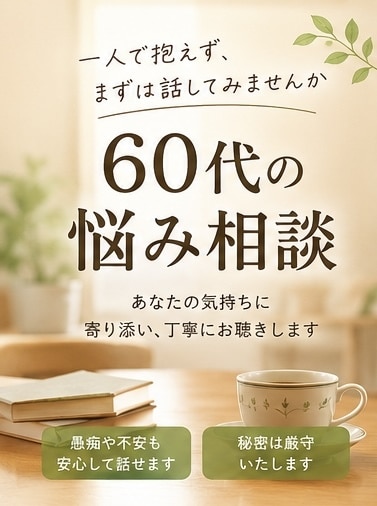 60代の悩み・愚痴を優しく聴きます 「一人で抱えず、まずは話してみませんか」 イメージ1