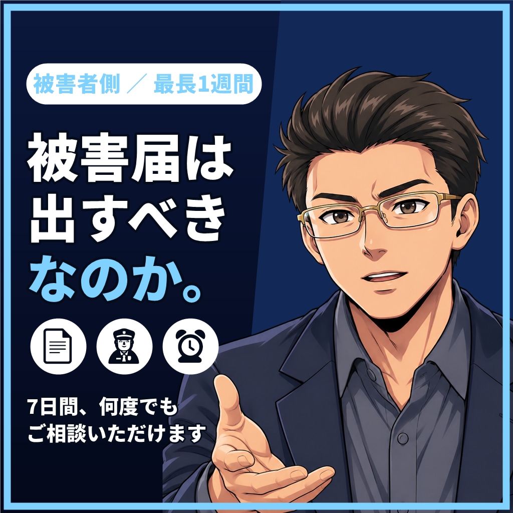 被害届を出すべきか迷っているあなたへ7日間応じます 【最長1週間】まだ相談できていない方も、損害賠償に迷う方も イメージ1