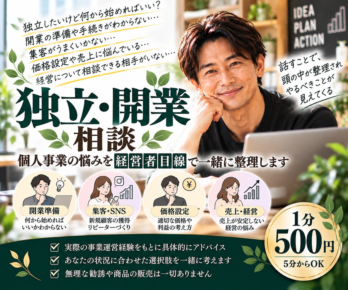 独立・開業・個人事業の悩みを一緒に整理します 開業準備から集客・売上の悩みまで事業者目線で相談 イメージ1