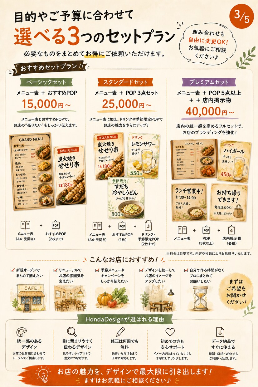 メニュー・POPをまとめてデザインいたします 統一感のあるデザインで、お店の魅力をもっと伝える。 イメージ3
