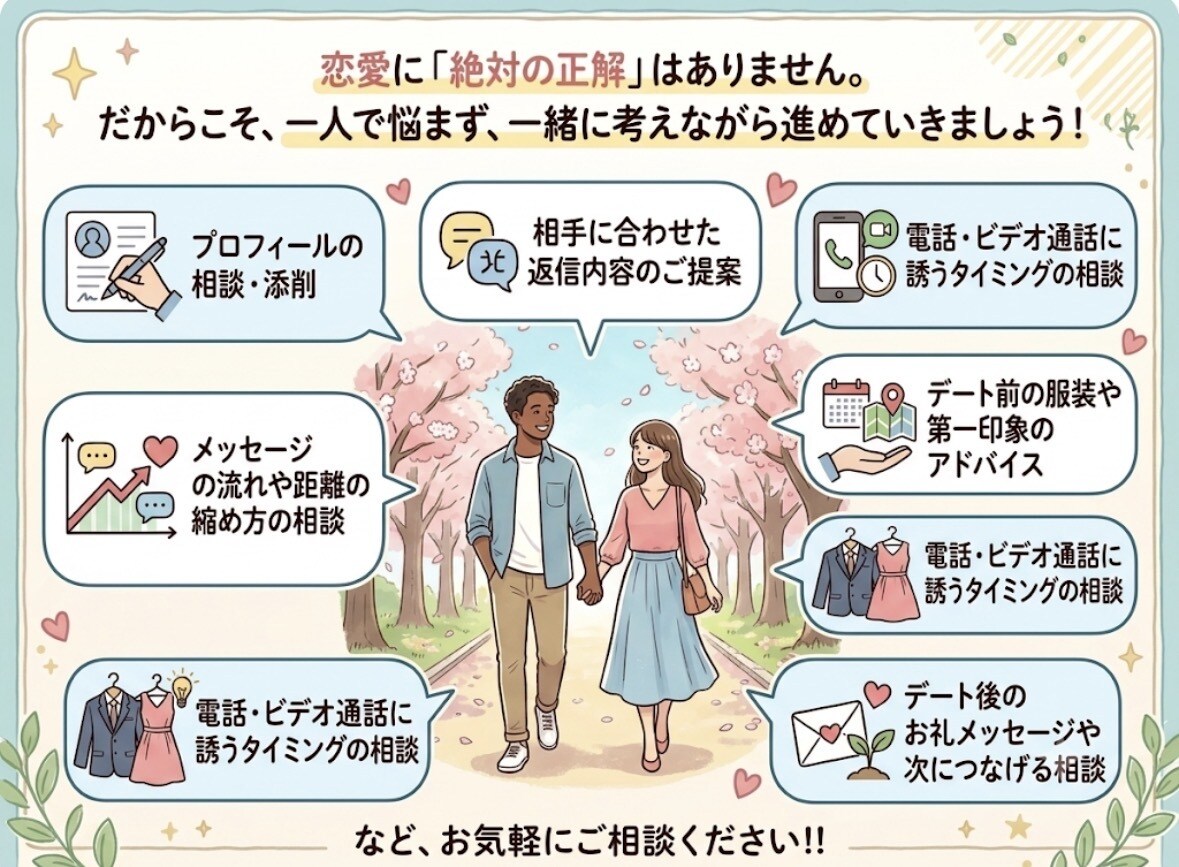 マッチングアプリをデートまで伴走します 返信からデートまで一人で悩まない恋愛へ♪ イメージ2