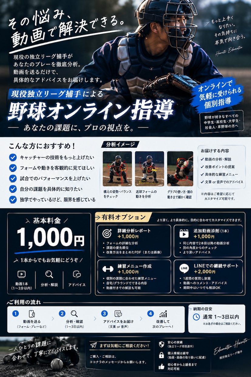 現役捕手が野球のプレー動画を徹底分析・添削します 現役捕手がキャッチャー、バッティング、ウエイトを動画で添削 イメージ1
