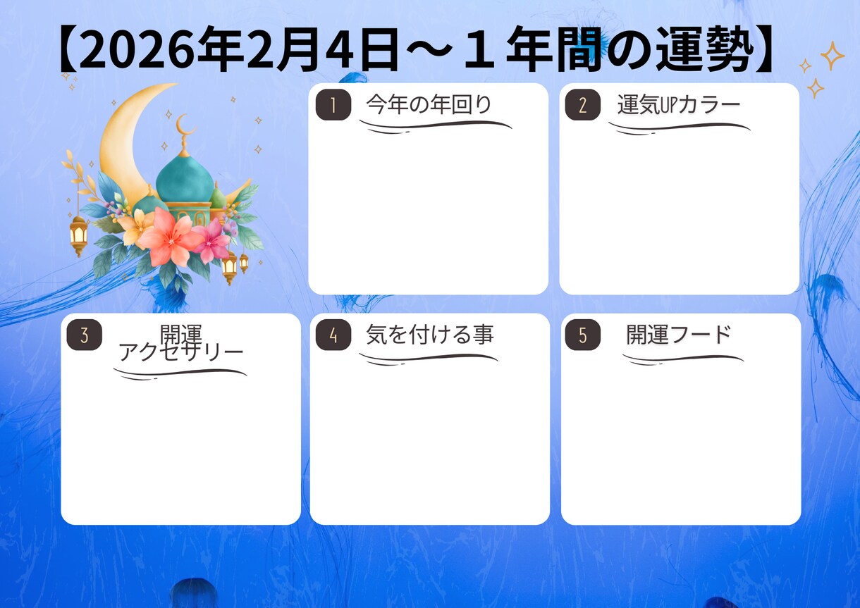 今から2027年立春前日の運勢を占います 下半期の運勢を知りたい人に、ご活用頂ける内容です。 イメージ3