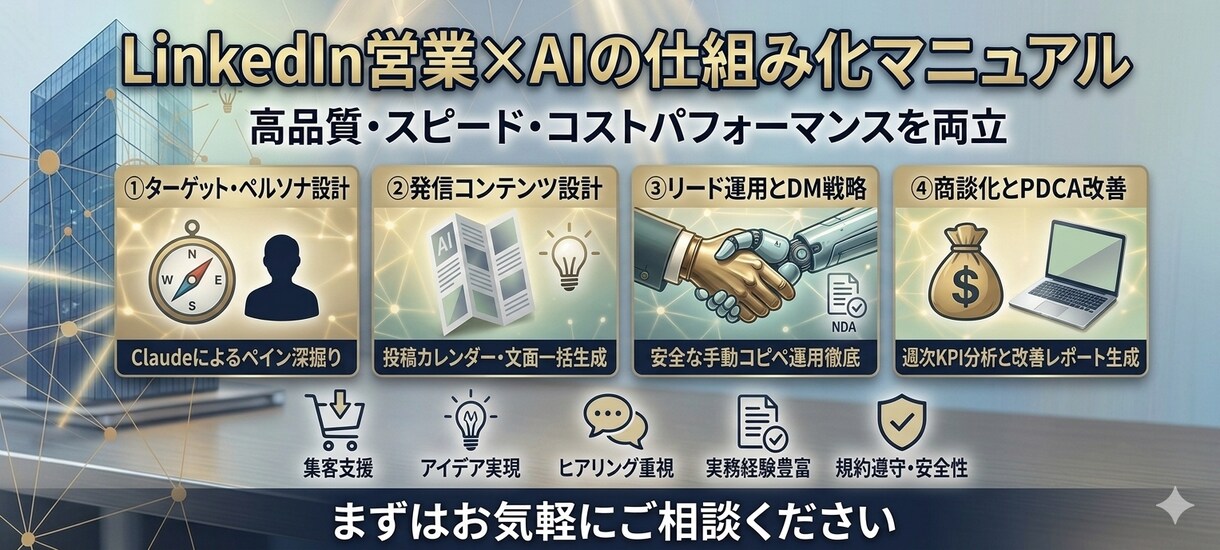 LinkedIn営業×AI活用仕組みお渡しします BANを防ぎリード獲得！AIと手動運用の安全営業SOPを伝授 イメージ1