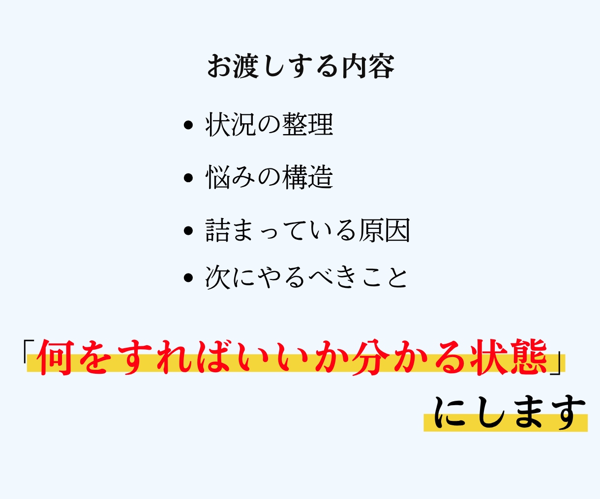 3つの質問で進めない悩みを整理します 迷いを整理して、“今日やる1つ”を見つけます。 イメージ7