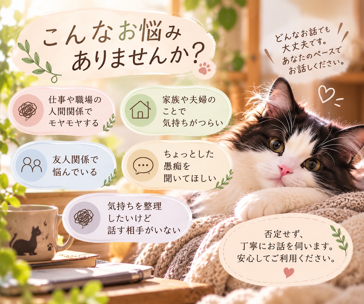 あなたの愚痴やお話を優しく聞きます 誰にも言えない気持ちも大丈夫。あなたの心にそっと寄り添います イメージ2
