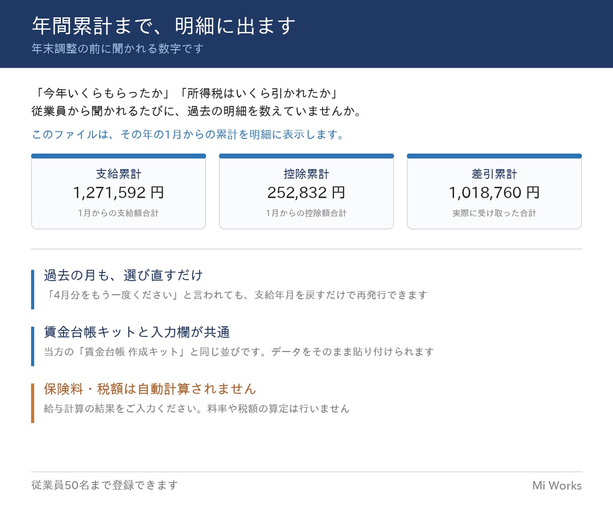 給与明細書のExcelテンプレを販売します 氏名と支給年月を選ぶだけ｜1名分・3名分・年間累計 イメージ3