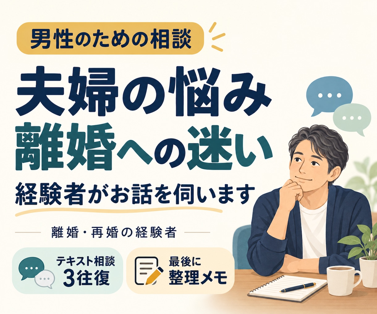 男性の夫婦関係・離婚の迷いをお聞きします 離婚・再婚の経験者が、気持ちと次の一歩を一緒に整理 イメージ1