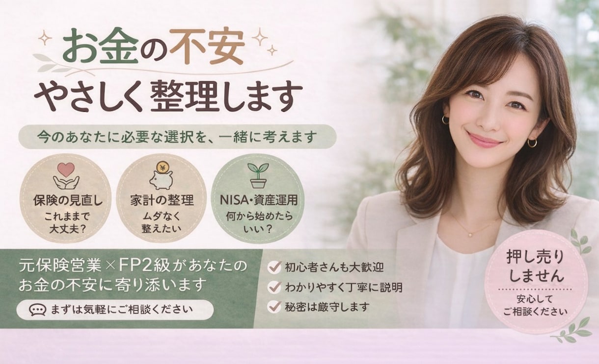 保険・家計・NISA・税金の不安を整理します 押し売りなしで安心してご相談いただけます イメージ1