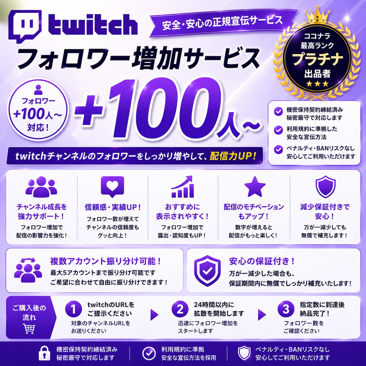 twitchフォロワー100人〜増加します ツイッチ振り分け可能！減少保証あり！ゆっくり指定可能！ イメージ1